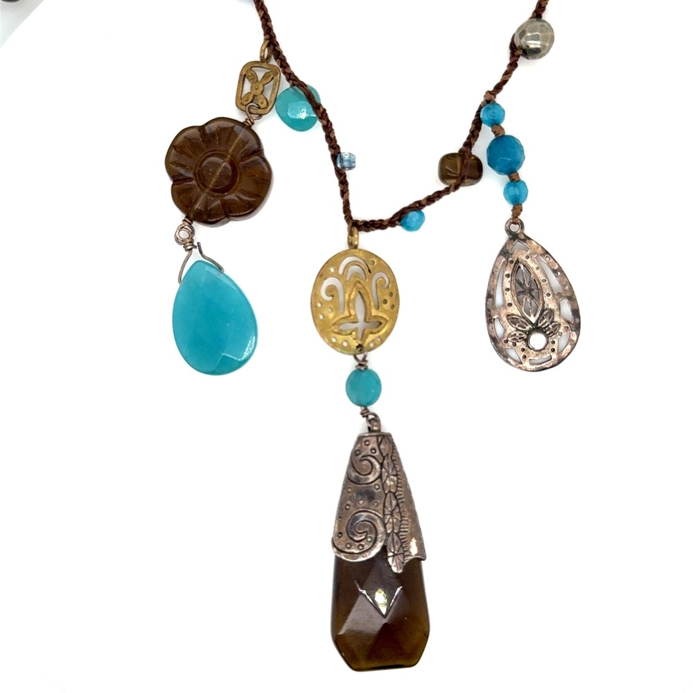 Silpada 36" Mixed Media Lariat Necklace Sterling Silver Brass Blue Stone Boho